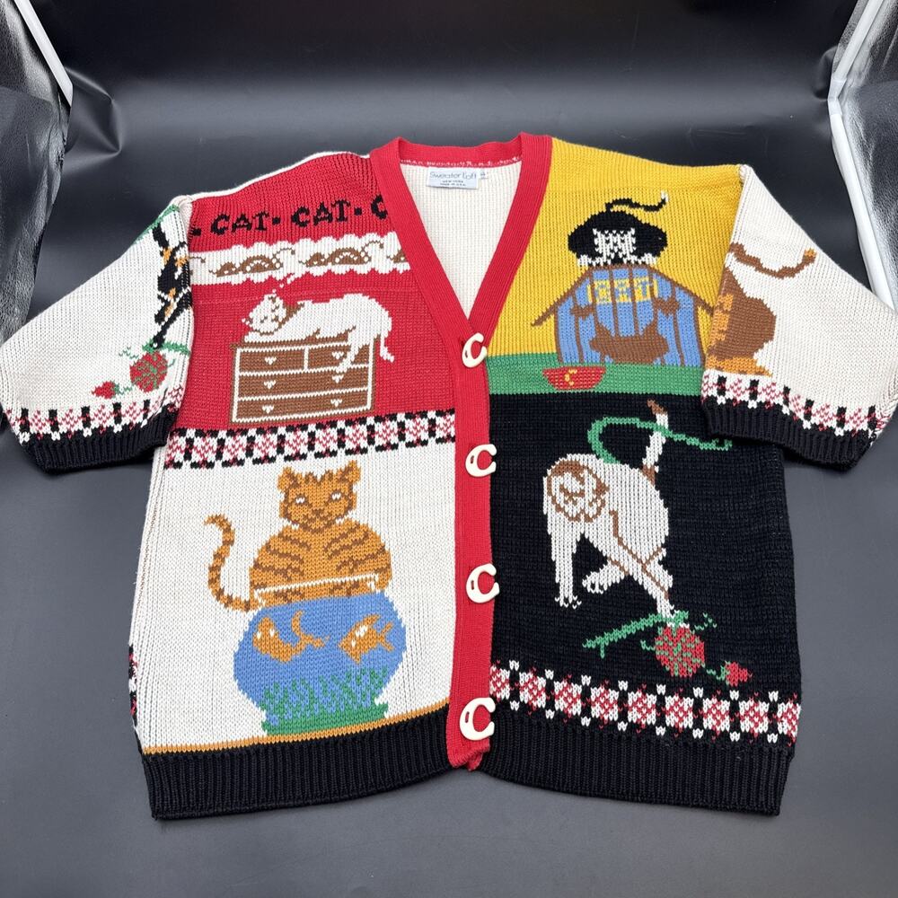 Large -Sweater Loft NY- Cat Themed Short Sleeved Cardigan W/Letter C Buttons